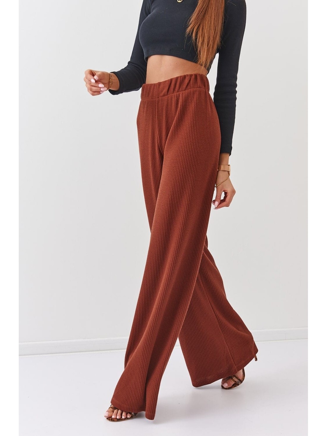 Ribbed wide knitted trousers, dark brown, 5027 - Online store - Boutique